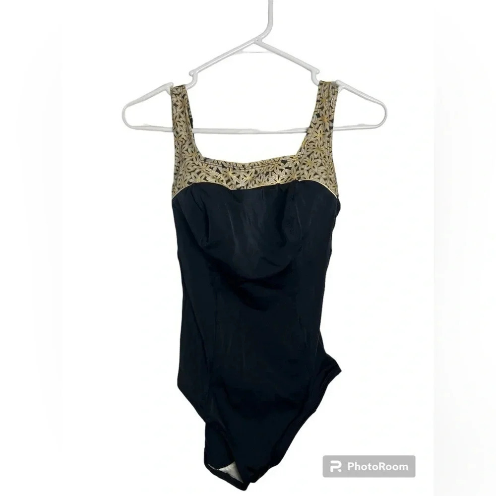 Vintage Roxane Black One Piece Swimsuit with gold accent size 12